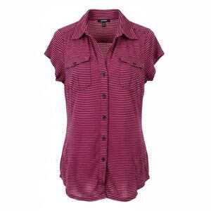 Express Women’s Medium 8 10 Pink Black Striped Button Front Blouse Short Sleeve